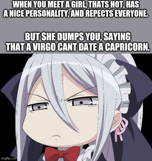 comment if you agree. no upvotes plz | WHEN YOU MEET A GIRL, THATS HOT, HAS A NICE PERSONALITY, AND REPECTS EVERYONE. BUT SHE DUMPS YOU, SAYING THAT A VIRGO CANT DATE A CAPRICORN. | image tagged in anime angry face | made w/ Imgflip meme maker