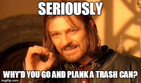 One Does Not Simply Meme | SERIOUSLY WHY'D YOU GO AND PLANK A TRASH CAN? | image tagged in memes,one does not simply | made w/ Imgflip meme maker