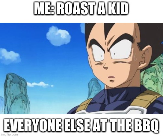 ghtnbhjhtdrfbnhgtfrd | ME: ROAST A KID; EVERYONE ELSE AT THE BBQ | image tagged in memes,surprized vegeta | made w/ Imgflip meme maker