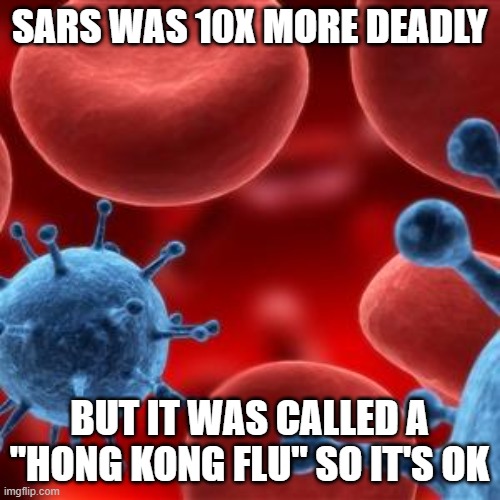 virus  | SARS WAS 10X MORE DEADLY BUT IT WAS CALLED A "HONG KONG FLU" SO IT'S OK | image tagged in virus | made w/ Imgflip meme maker
