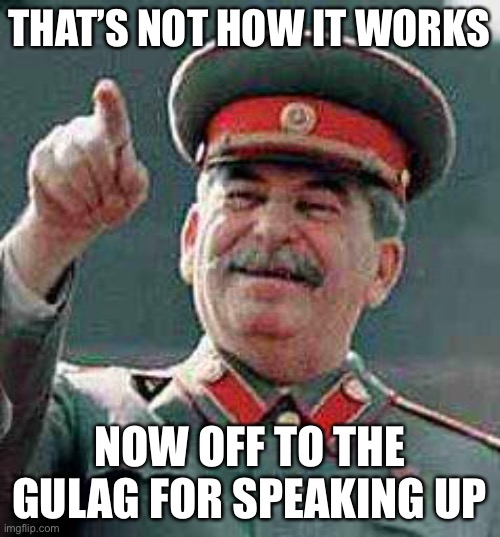 Stalin says | THAT’S NOT HOW IT WORKS NOW OFF TO THE GULAG FOR SPEAKING UP | image tagged in stalin says | made w/ Imgflip meme maker