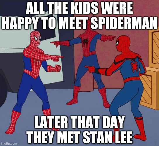 XD comment if you get it | ALL THE KIDS WERE HAPPY TO MEET SPIDERMAN; LATER THAT DAY THEY MET STAN LEE | image tagged in spider man triple | made w/ Imgflip meme maker