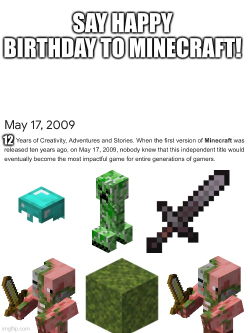 I actually didn’t realize it was may 17th until a few minutes ago | SAY HAPPY BIRTHDAY TO MINECRAFT! 12 | image tagged in blank white template | made w/ Imgflip meme maker