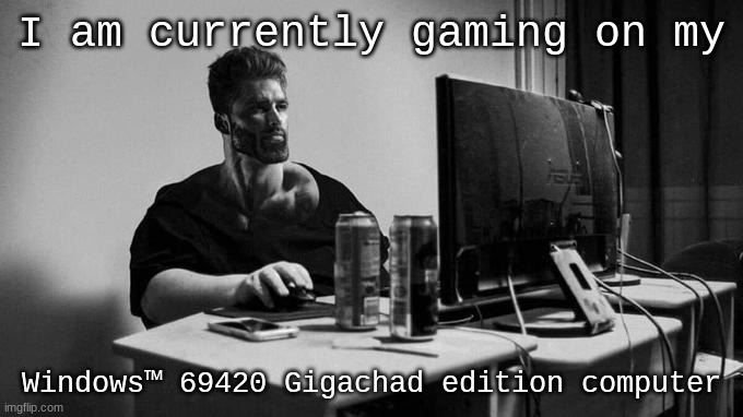 he is gaming | I am currently gaming on my; Windows™ 69420 Gigachad edition computer | image tagged in gigachad on the computer | made w/ Imgflip meme maker