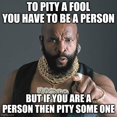 Mr T Pity The Fool Meme | TO PITY A FOOL YOU HAVE TO BE A PERSON; BUT IF YOU ARE A PERSON THEN PITY SOME ONE | image tagged in memes,mr t pity the fool | made w/ Imgflip meme maker
