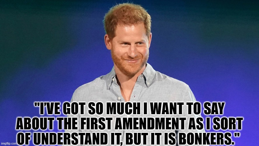 With a Few Giggles From Meghan Markle In The Back Round | "I’VE GOT SO MUCH I WANT TO SAY ABOUT THE FIRST AMENDMENT AS I SORT OF UNDERSTAND IT, BUT IT IS BONKERS." | image tagged in memes,politics,prince harry,first amendment,meghan markle,giggle | made w/ Imgflip meme maker