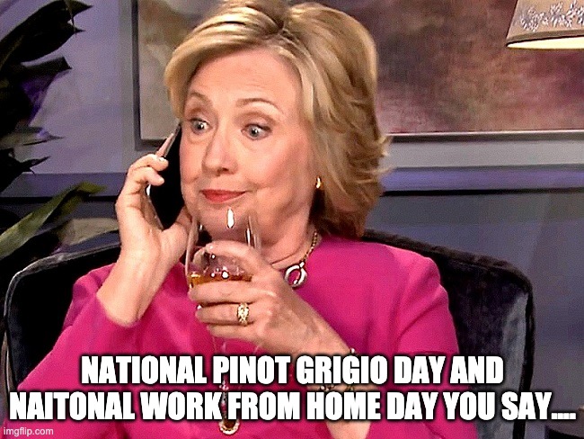 Hillary Phone Wine | NATIONAL PINOT GRIGIO DAY AND NAITONAL WORK FROM HOME DAY YOU SAY.... | image tagged in hillary phone wine | made w/ Imgflip meme maker
