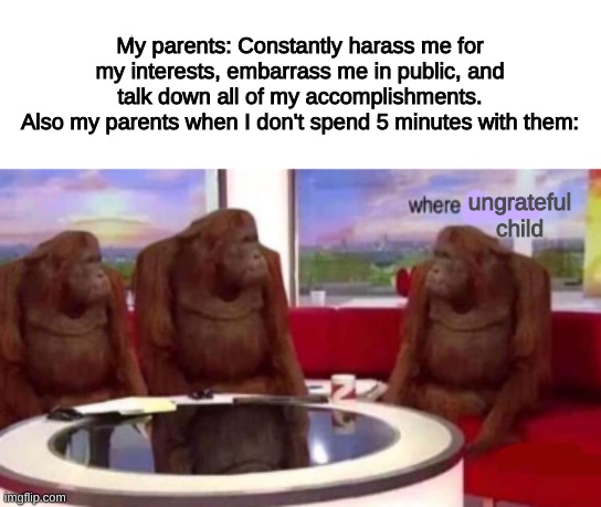 This might be a repost and if it is I'm sorry, just thought it was relatable. | My parents: Constantly harass me for my interests, embarrass me in public, and talk down all of my accomplishments.
Also my parents when I don't spend 5 minutes with them:; ungrateful
child | image tagged in where banana blank | made w/ Imgflip meme maker