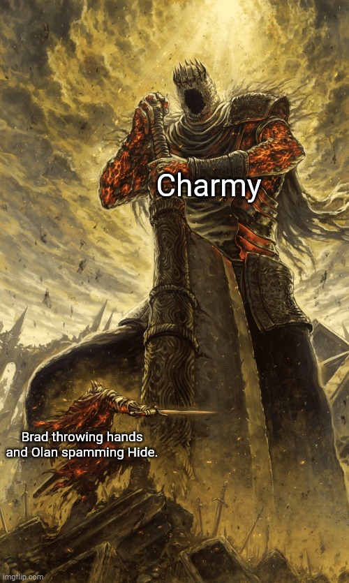 Small knight giant knight | Charmy; Brad throwing hands and Olan spamming Hide. | image tagged in small knight giant knight,lisathepainfulrpg | made w/ Imgflip meme maker