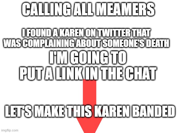 Calling all memers |  CALLING ALL MEAMERS; I FOUND A KAREN ON TWITTER THAT WAS COMPLAINING ABOUT SOMEONE'S DEATH; I'M GOING TO PUT A LINK IN THE CHAT; LET'S MAKE THIS KAREN BANDED | image tagged in blank white template,calling all meamers,karen | made w/ Imgflip meme maker