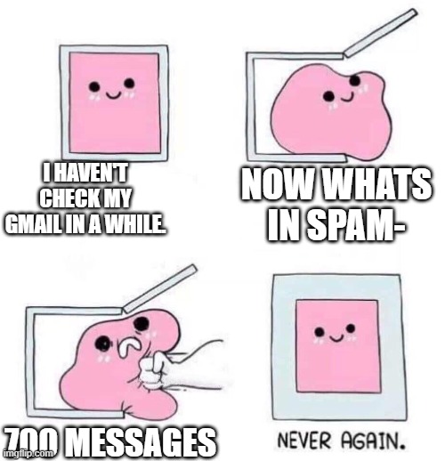 Never again | I HAVEN'T CHECK MY GMAIL IN A WHILE. NOW WHATS IN SPAM-; 700 MESSAGES | image tagged in never again | made w/ Imgflip meme maker
