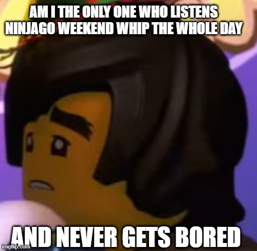 Ninjago is just awsome | AM I THE ONLY ONE WHO LISTENS NINJAGO WEEKEND WHIP THE WHOLE DAY; AND NEVER GETS BORED | image tagged in ninjago | made w/ Imgflip meme maker