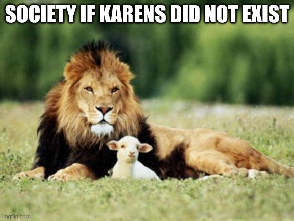 I hate karens | SOCIETY IF KARENS DID NOT EXIST | image tagged in lion,lamb,peace | made w/ Imgflip meme maker