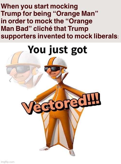 Is PoliticsTOO a stream about Orange Man Bad? Why: Yes it is | When you start mocking Trump for being “Orange Man” in order to mock the “Orange Man Bad” cliché that Trump supporters invented to mock liberals: | image tagged in you just got vectored,vector,orange,man,bad,politics lol | made w/ Imgflip meme maker