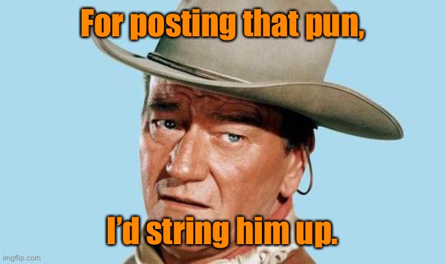 John Wayne | For posting that pun, I’d string him up. | image tagged in john wayne | made w/ Imgflip meme maker