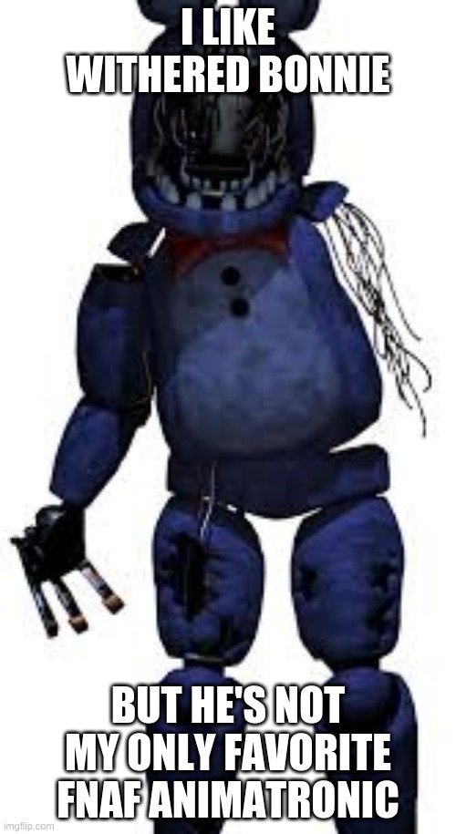 I also like all the fox animatronics, all the versions of springtrap (except the clown version, I don't like the way it looks), |  I LIKE WITHERED BONNIE; BUT HE'S NOT MY ONLY FAVORITE FNAF ANIMATRONIC | image tagged in withered bonnie | made w/ Imgflip meme maker