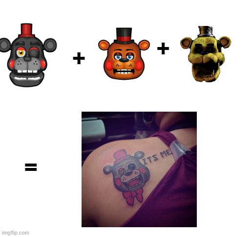 Lefty + Toy Freddy + Golden Freddy = Cursed image | +; +; = | image tagged in blank white template | made w/ Imgflip meme maker