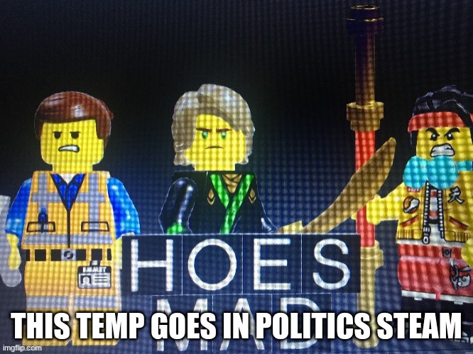 Hoes Mad but in lego | THIS TEMP GOES IN POLITICS STEAM | image tagged in hoes mad but in lego | made w/ Imgflip meme maker