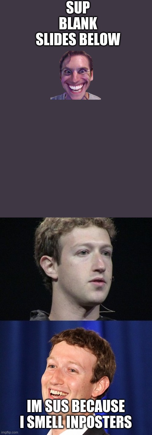 Zuckerberg Meme | SUP BLANK SLIDES BELOW; IM SUS BECAUSE I SMELL INPOSTERS | image tagged in memes,zuckerberg | made w/ Imgflip meme maker