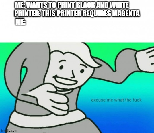 Excuse me WTF | ME: WANTS TO PRINT BLACK AND WHITE        
PRINTER: THIS PRINTER REQUIRES MAGENTA
ME: | image tagged in excuse me wtf | made w/ Imgflip meme maker