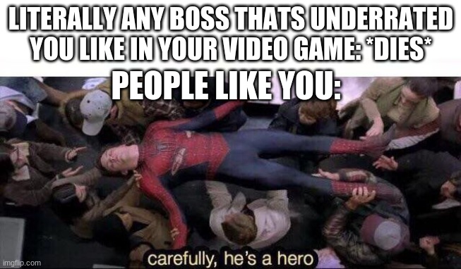 a game enemy will always be a hero | LITERALLY ANY BOSS THATS UNDERRATED YOU LIKE IN YOUR VIDEO GAME: *DIES*; PEOPLE LIKE YOU: | image tagged in carefully he's a hero,hero,villain,enemy,video games,gaming | made w/ Imgflip meme maker