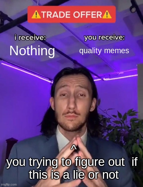 Very true | Nothing; quality memes; ^
you trying to figure out  if
 this is a lie or not | image tagged in trade offer | made w/ Imgflip meme maker