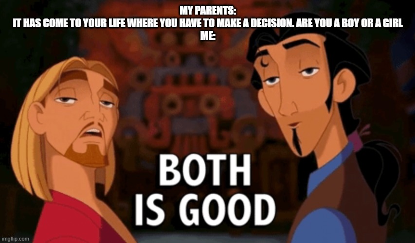 non binary relatable meme | MY PARENTS:
IT HAS COME TO YOUR LIFE WHERE YOU HAVE TO MAKE A DECISION. ARE YOU A BOY OR A GIRL
ME: | image tagged in both is good | made w/ Imgflip meme maker
