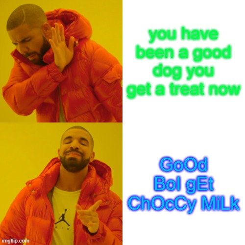 Drake Hotline Bling Meme | you have been a good dog you get a treat now GoOd BoI gEt ChOcCy MiLk | image tagged in memes,drake hotline bling | made w/ Imgflip meme maker