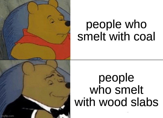 minecraft | people who smelt with coal; people who smelt with wood slabs | image tagged in memes,tuxedo winnie the pooh | made w/ Imgflip meme maker