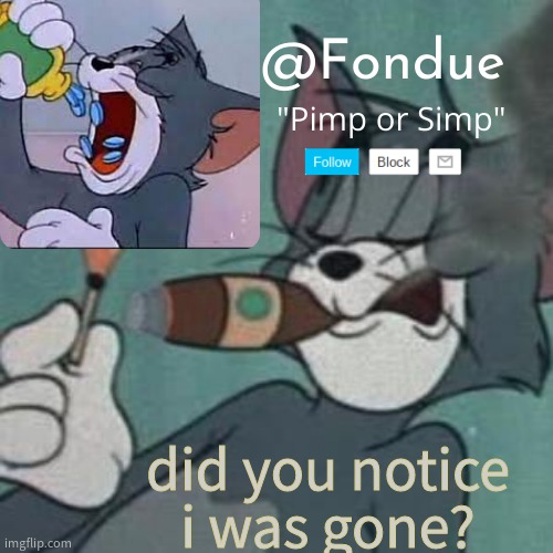 i might change my name | did you notice i was gone? | image tagged in fondue tom and jerry temp | made w/ Imgflip meme maker