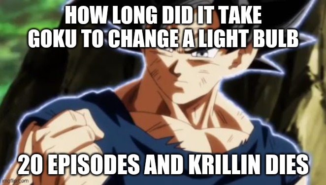 Ultra instinct goku | HOW LONG DID IT TAKE GOKU TO CHANGE A LIGHT BULB; 20 EPISODES AND KRILLIN DIES | image tagged in ultra instinct goku | made w/ Imgflip meme maker