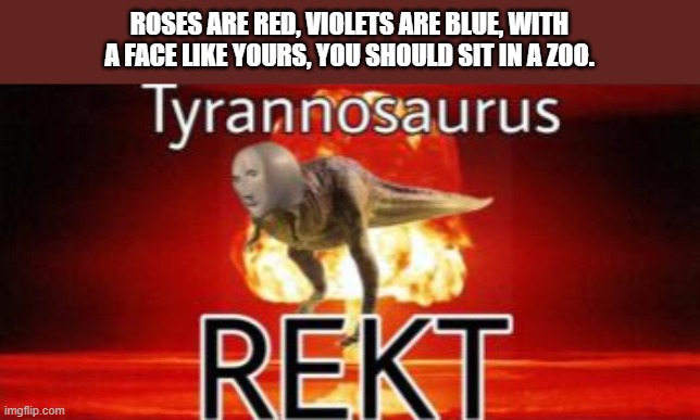 Tyrannosaurus REKT | ROSES ARE RED, VIOLETS ARE BLUE, WITH A FACE LIKE YOURS, YOU SHOULD SIT IN A ZOO. | image tagged in tyrannosaurus rekt | made w/ Imgflip meme maker