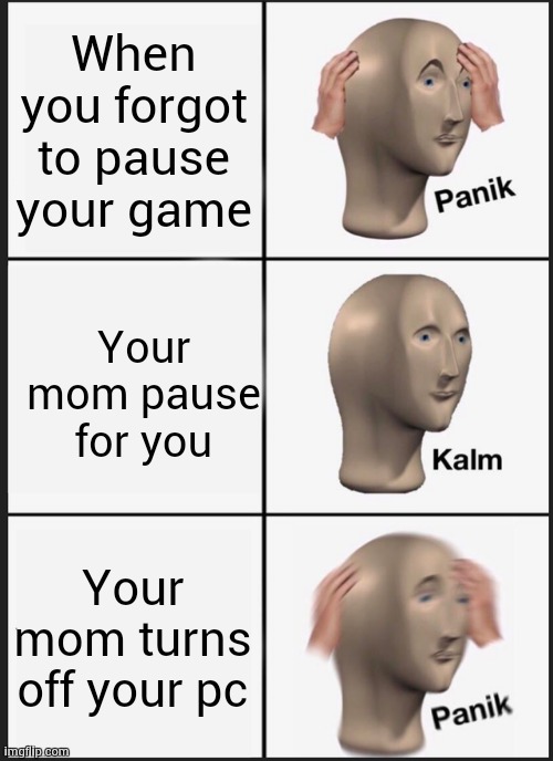 Bruh mom (Meme) | When you forgot to pause your game; Your mom pause for you; Your mom turns off your pc | image tagged in memes,panik kalm panik | made w/ Imgflip meme maker