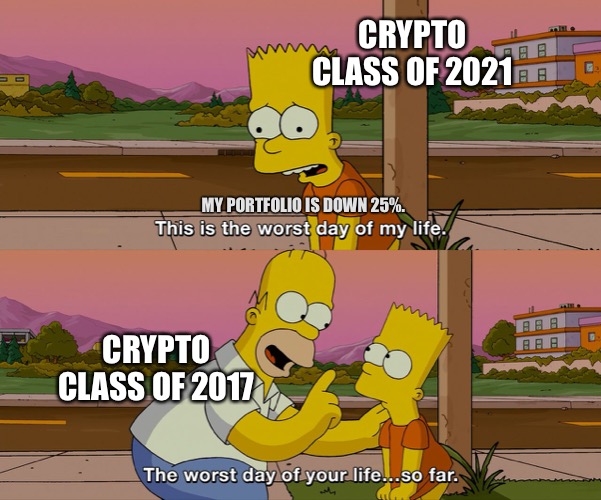 Crypto Crash 2021 Elon Musk Simpsons | CRYPTO CLASS OF 2021; MY PORTFOLIO IS DOWN 25%. CRYPTO CLASS OF 2017 | image tagged in bert simpson worst day of my life | made w/ Imgflip meme maker