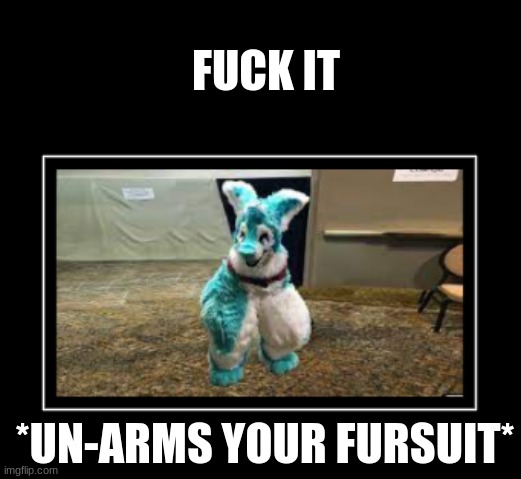 title | FUCK IT; *UN-ARMS YOUR FURSUIT* | image tagged in fursuit,arms | made w/ Imgflip meme maker