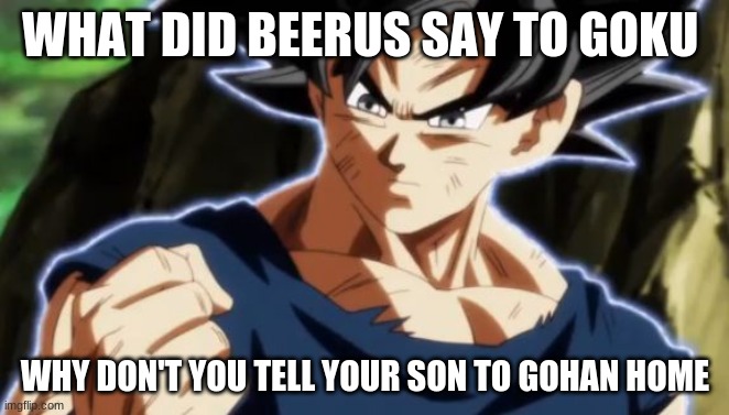 Ultra instinct goku | WHAT DID BEERUS SAY TO GOKU; WHY DON'T YOU TELL YOUR SON TO GOHAN HOME | image tagged in ultra instinct goku | made w/ Imgflip meme maker