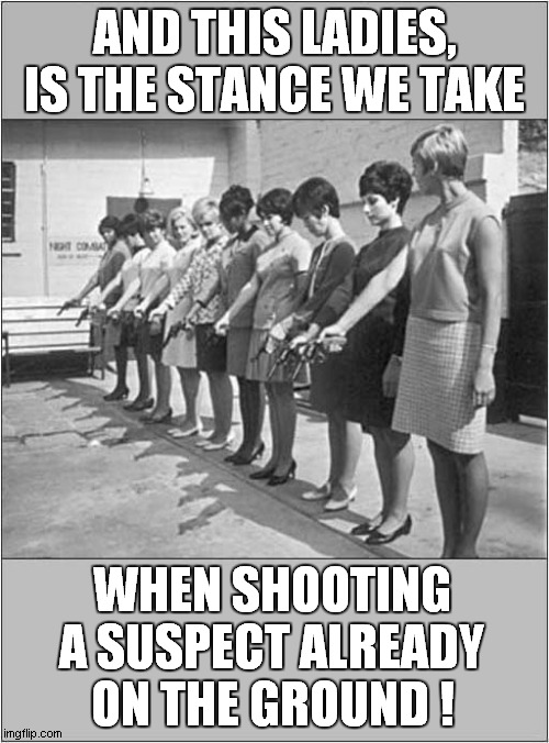 Shooting Practice ? | AND THIS LADIES,
IS THE STANCE WE TAKE; WHEN SHOOTING A SUSPECT ALREADY ON THE GROUND ! | image tagged in shooting,suspect,dark humour | made w/ Imgflip meme maker