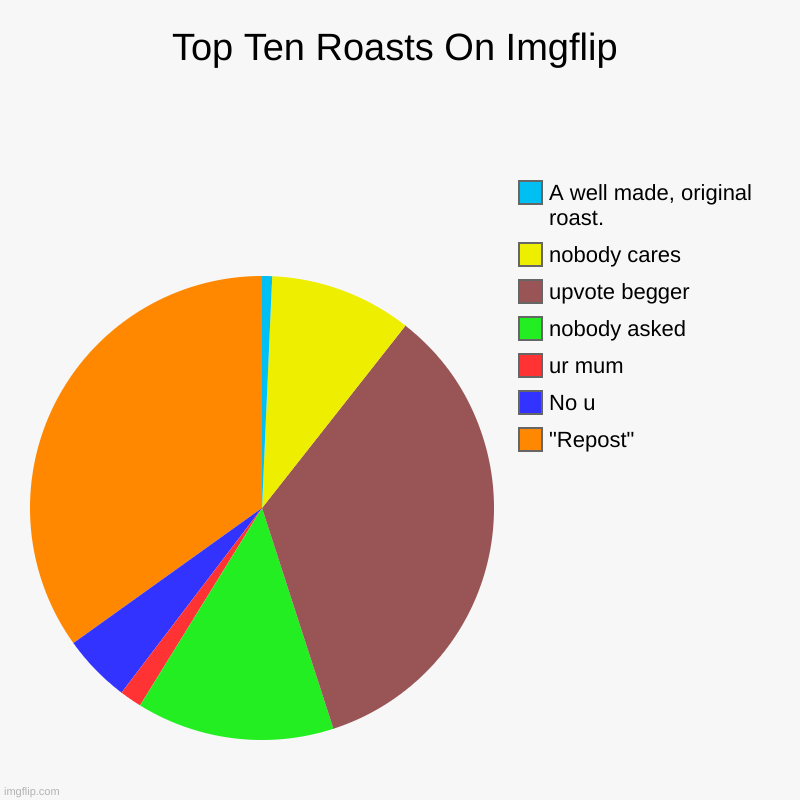 Top 10 roasts | Top Ten Roasts On Imgflip | "Repost", No u, ur mum, nobody asked, upvote begger, nobody cares, A well made, original roast. | image tagged in charts,pie charts | made w/ Imgflip chart maker