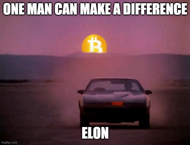 One man can make a difference, Elon | ONE MAN CAN MAKE A DIFFERENCE; ELON | image tagged in knight rider,bitcoin,btc,elon musk | made w/ Imgflip meme maker