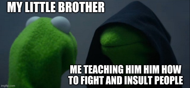 Evil Kermit Meme | MY LITTLE BROTHER; ME TEACHING HIM HIM HOW TO FIGHT AND INSULT PEOPLE | image tagged in memes,evil kermit | made w/ Imgflip meme maker
