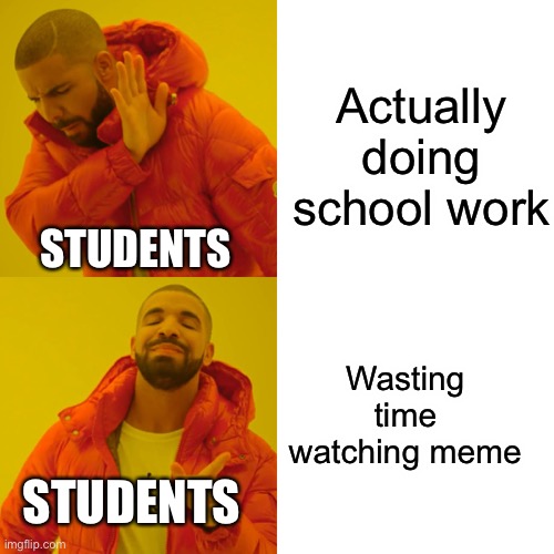 Drake Hotline Bling Meme | Actually doing school work; STUDENTS; Wasting time watching meme; STUDENTS | image tagged in memes,drake hotline bling | made w/ Imgflip meme maker
