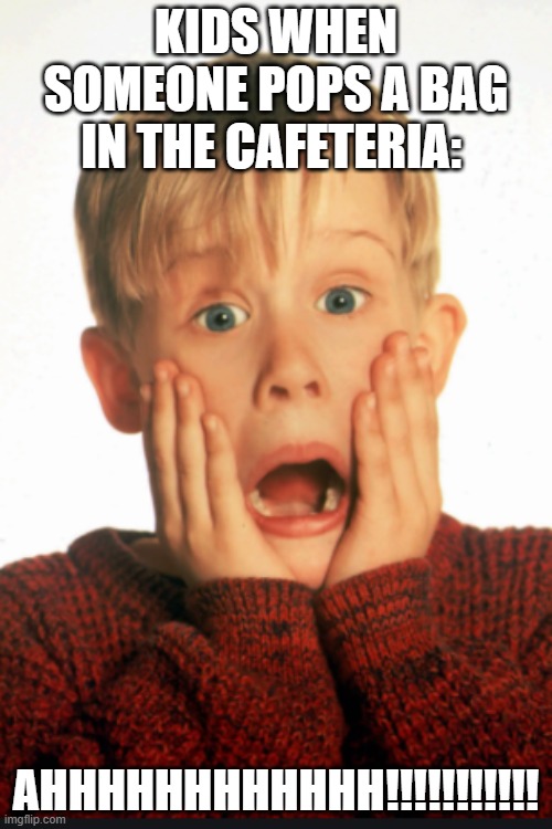 Cafeterias Be Like | KIDS WHEN SOMEONE POPS A BAG IN THE CAFETERIA:; AHHHHHHHHHHHH!!!!!!!!!!! | image tagged in crazy | made w/ Imgflip meme maker