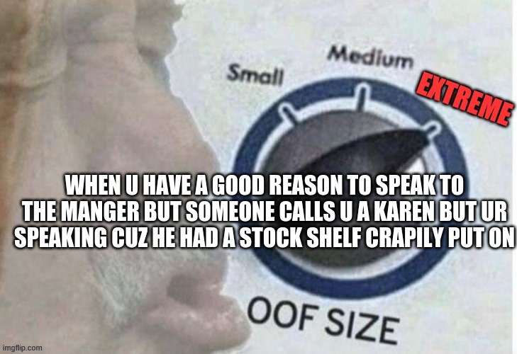 Oof size extreme | WHEN U HAVE A GOOD REASON TO SPEAK TO THE MANGER BUT SOMEONE CALLS U A KAREN BUT UR SPEAKING CUZ HE HAD A STOCK SHELF CRAPILY PUT ON | image tagged in oof size extreme | made w/ Imgflip meme maker