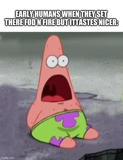 Woah | EARLY HUMANS WHEN THEY SET THERE FOD N FIRE BUT ITTASTES NICER: | image tagged in suprised patrick | made w/ Imgflip meme maker