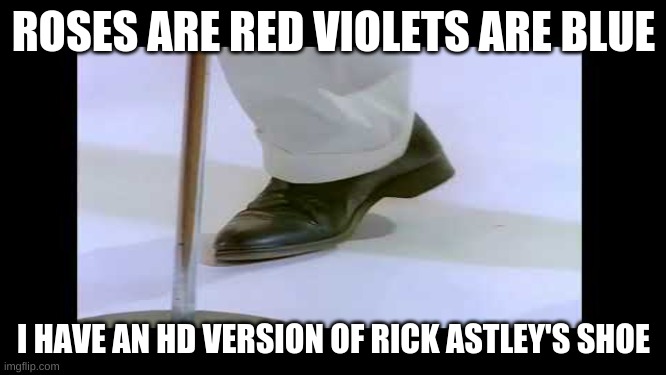 Noice | ROSES ARE RED VIOLETS ARE BLUE; I HAVE AN HD VERSION OF RICK ASTLEY'S SHOE | image tagged in rick astley | made w/ Imgflip meme maker