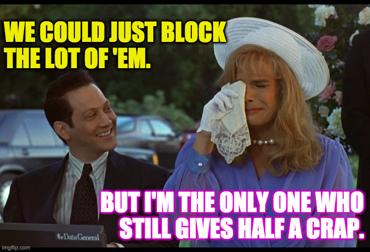 WE COULD JUST BLOCK
THE LOT OF 'EM. BUT I'M THE ONLY ONE WHO
STILL GIVES HALF A CRAP. | made w/ Imgflip meme maker