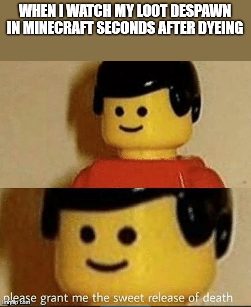 Kill me | WHEN I WATCH MY LOOT DESPAWN IN MINECRAFT SECONDS AFTER DYEING | image tagged in sweet release,minecraft,depression sadness hurt pain anxiety | made w/ Imgflip meme maker