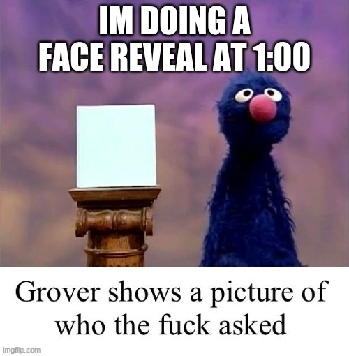 Grover | IM DOING A FACE REVEAL AT 1:00 | image tagged in grover | made w/ Imgflip meme maker