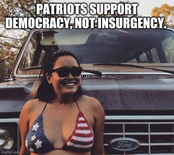 America | PATRIOTS SUPPORT DEMOCRACY, NOT INSURGENCY. | image tagged in bikini flag girl | made w/ Imgflip meme maker