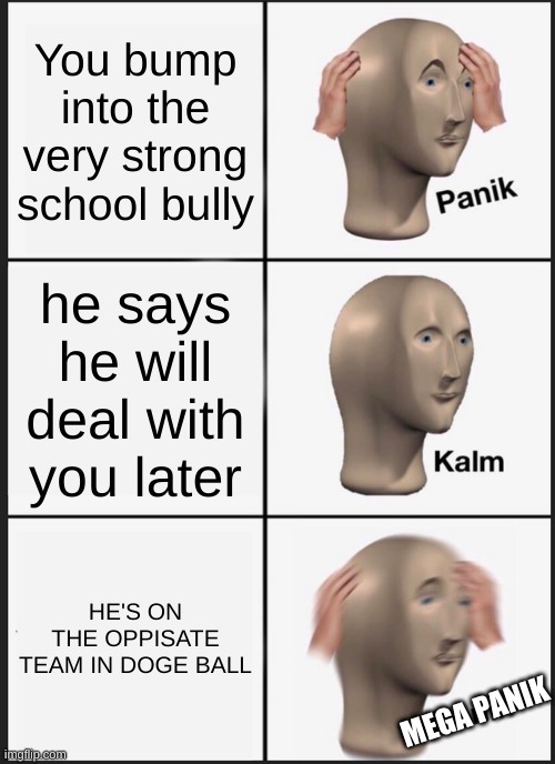 Panik Kalm Panik | You bump into the very strong school bully; he says he will deal with you later; HE'S ON THE OPPISATE TEAM IN DOGE BALL; MEGA PANIK | image tagged in memes,panik kalm panik | made w/ Imgflip meme maker